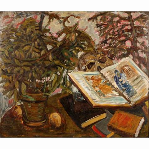 SCHOPF, GUSTAV GEORG (1899-1986), "Stillleben mit Grünpflanzen, Büchern und Totenkopf",