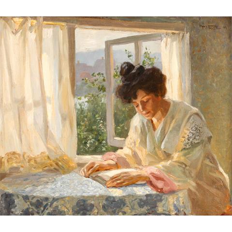 HALKE, PAUL (1866-?), "Lesende junge Frau am geöffneten Fenster",
