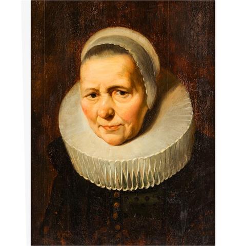HOLLÄNDISCHER MALER des 17. Jh., wohl tätig in Haarlem, "Dame mit weißer Haube und Mühlsteinkragen",