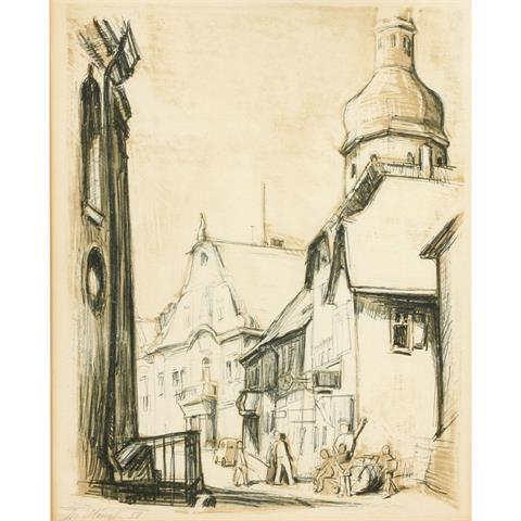 HÄUSSLER, THEO (1892-?, Grafiker u. Plakatentwerfer), "Stadtansicht, Blick in eine Straße mit Kirche",