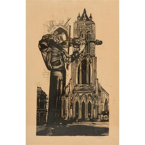 KLAUß, O. (expressionistischer Künstler 20. Jh.), "Geiger vor der Kirche",