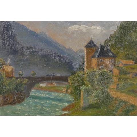 LOOG (Maler 19./20. Jh.), "Burg und Zollstation an einer Bogenbrücke über den Fluss",