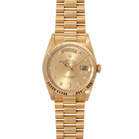 ROLEX Oyster Day-Date Armbanduhr, Ref. 18238, R-Serie. Gold 18K.