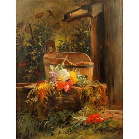 PETERS, ANNA (Mannheim 1843 - 1926 Stuttgart), "Blumen am Gartenbrunnen",