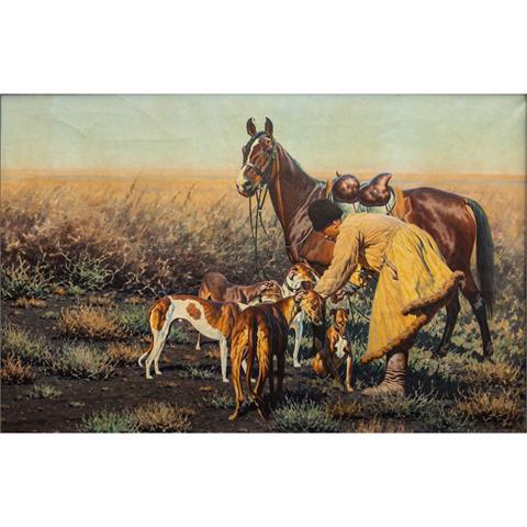 UNGEWITTER, HUGO (1869- um 1944), "Kosake mit Pferd und Windhunden in der Steppe",