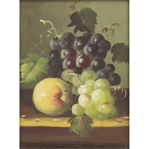 KLEIN (?, undeutl. sign.; Maler/in 20. Jh.), "Stillleben mit blauen und weißen Weintrauben und Pfirsich",