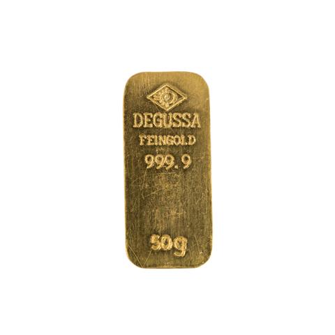 GOLDbarren - 50g GOLD fein, GOLDbarren in hist. Form, Hersteller Degussa,