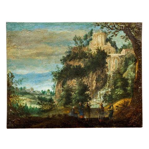 BRUEGHEL, Jan I, ATTR./UMKREIS (J.B.: Brüssel 1568-1625 Antwerpen), "Landschaft mit Personen vor einem Wasserfall",