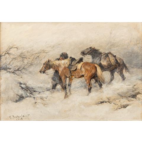 SUHRLANDT, CARL (1828-1919), "Soldat mit Pferden in winterlicher Landschaft "