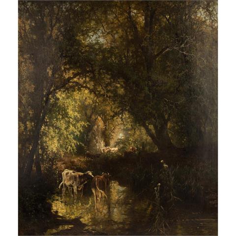 BAISCH, HERMANN (1846-1894), "Rinder an einem Waldweiher bei der Tränke"