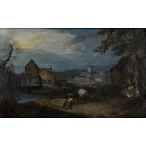 BRUEGHEL, Jan I, ATTR./UMKREIS (J.B.: Brüssel 1568-1625 Antwerpen), "Landschaft mit Personen vor einer Klosteranlage"