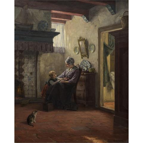 MÜCKE, KARL EMIL (1847-1923) "Holländisches Stubeninterieur mit Mutter und Kind am Kaminfeuer"