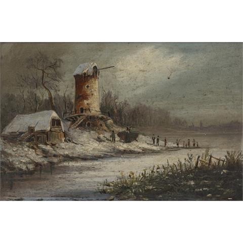 HOFER (Maler/in 19. Jh.), "Eisvergnügen vor verschneiter Mühle",