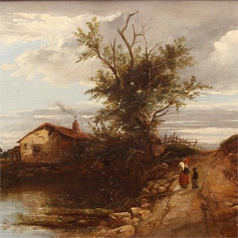 MÜLLER, K./R. (Maler 19. Jh.), "Romantische Landschaft mit kleinem Haus am See",