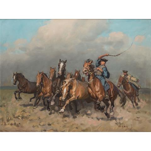 VISKI, JÁNOS (1891-1987) "Pferdehirten beim Treiben der Herde in weiter Landschaft"
