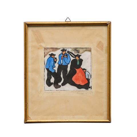 GURSCHNER, HERBERT (1901-1975, Tiroler Künstler), "Tirolerin mit Kind an zwei Herren vorbeischreitend",