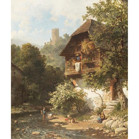 WEYSSER, KARL (Durlach 1833-1904 Heidelberg), "Wäscherin und Kinder vor dem Haus am Fluss",