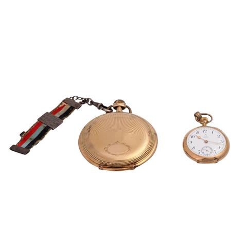Konvolut: Eine Taschenuhr, Savonette-Gehäuse in Gold 14K.