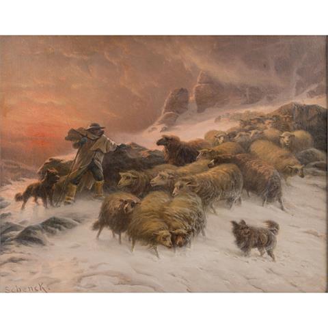 SCHENCK, AUGUST FRIEDRICH (1828-1901), "Schäfer mit Herde im Schneesturm",