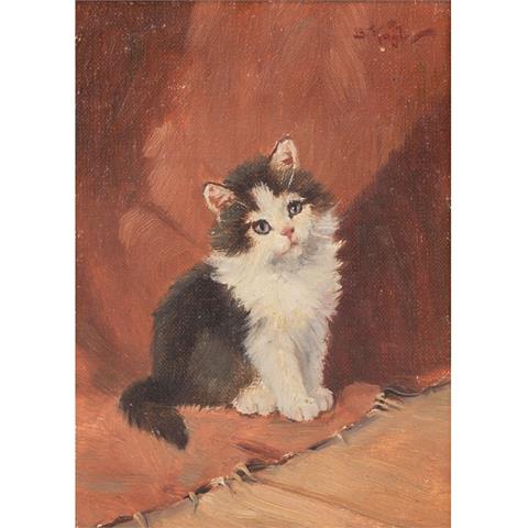 KÖGL, BENNO (1892-1973) "Schwarz-weißes Kätzchen vor einem roten Vorhang"