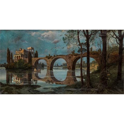 KNAB, FERDINAND (1834-1902), "Italienische Landschaft mit Bogenbrücke zum Palast",