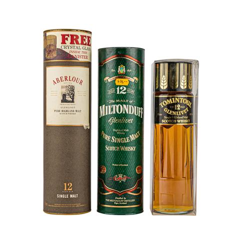 3 Flaschen Single Malt Scotch Whisky ABERLOUR 12 years / MILTONDUFF 12 years / TOMINTOUL 12 years