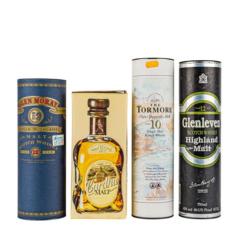 4 Flaschen Single Malt Scotch Whisky TORMORE 10 years / GLEN MORAY 12 years / GLENLEVEN 12 years / CARDHU 12 years