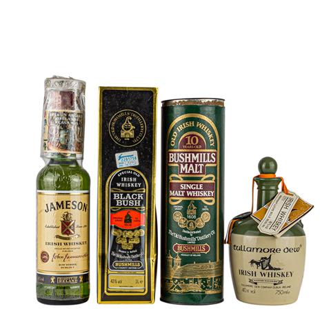 IRLAND 4 Flaschen Irish Whiskey BUSHMILLS MALT 10 years / TULLAMORE DEW / BLACK BUSH / JAMESON