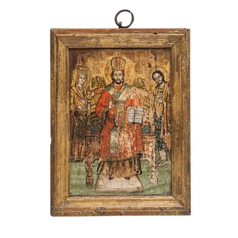 DEESIS-IKONE mit Maria, thronendem Christus und Johannes, Südosteuropa 18./19. Jh.,