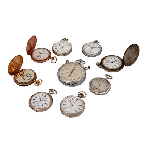 Konvolut: Acht Taschenuhren u. eine Stoppuhr, ca. 1900-1930er Jahre.