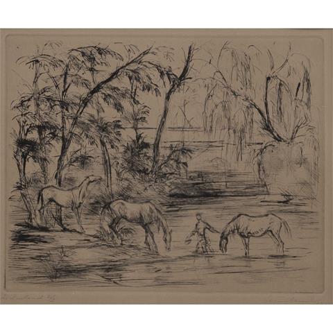 MEID, HANS (1883-1957), "Rossebändiger mit drei Pferden am Flussufer",