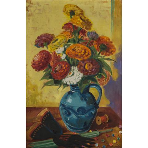SOHN, HERMANN (1895 - 1971), "Stillleben mit Blumen in blauem Krug, Handschuhen und Schirm",