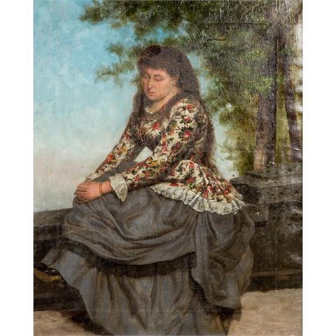 MICHEL (Maler/in 19. Jh.), "Südländerin auf einer Parkmauer sitzend",