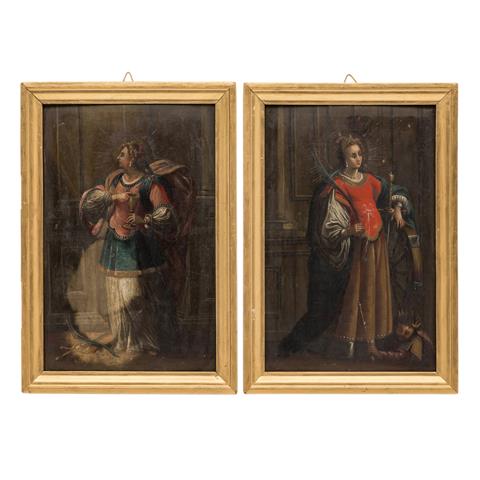 MALER/IN 18. Jh., Paar Pendants: "Heilige Katharina von Alexandrien" & "Heilige Barbara",