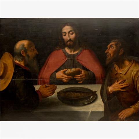 ITALIENISCHER MEISTER des 17. Jh., "Emmausmahl, Christus wird erkannt, als er das Brot bricht",
