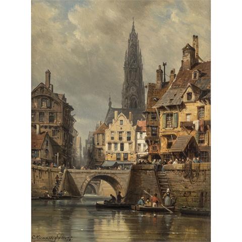 KUWASSEG, CHARLES EUPHRASIE (1838-1904), "Holländische Hafenstadt mit Kirche",