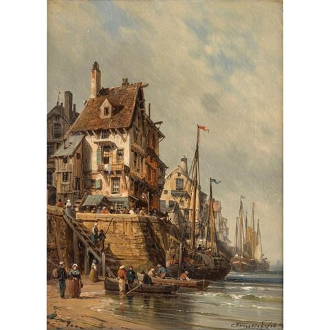 KUWASSEG, CHARLES EUPHRASIE (1838-1904), "Segelschiffe vor holländischer Hafenstadt",