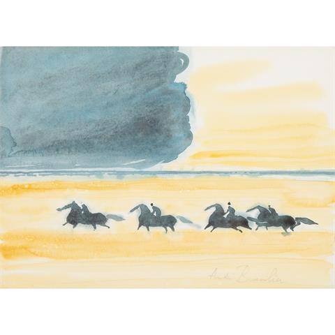BRASILIER, ANDRÉ (geb. 1929), "Vier Reiter mit galoppierenden Pferden in Sommerlandschaft",