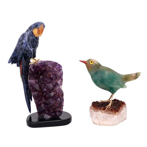 2 Vogelfiguren 'Papagei' und 'Grüner Vogel', 20. Jh..