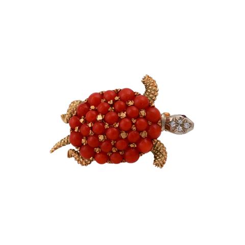 Anstecknadel "Schildkröte" mit Korallencabochons,