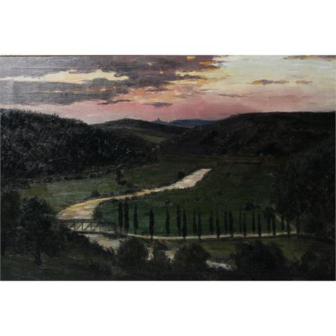 GOEBEL, PAUL (1877-?): Abendlandschaft mit Blick in ein Tal mit einer Brücke und Zyperessen,
