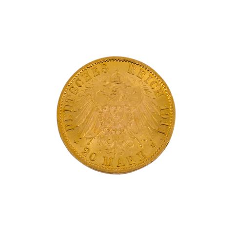 Preußen/GOLD - 20 Mark 1911/A, Wilhelm II., ss., Randkerben,