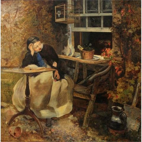 FRANIN, R.?, "Auf einer Gartenbank sitzende junge Dame mit Buch", 19./20.  Jh.,