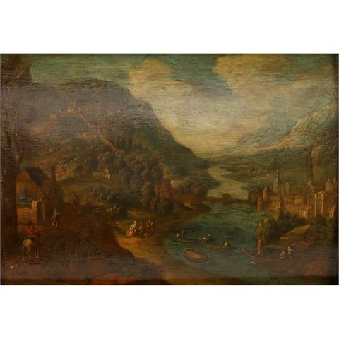 Deutscher Maler des frühen 18.Jh., "Gebirgslandschaft mit Städten zu beiden Seiten des Flusses",