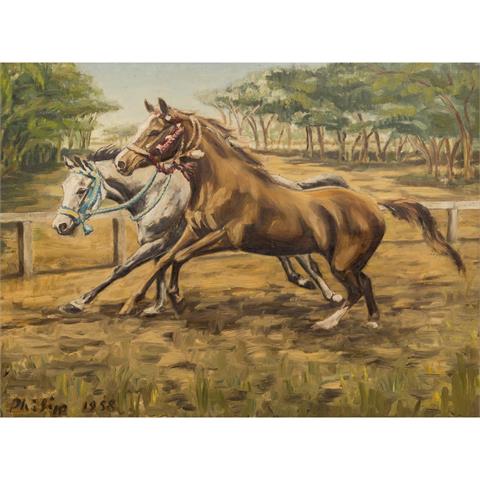 PHILIPP, KLAUS (geb. 1932), "Zwei galoppierende Pferde auf einer Koppel",