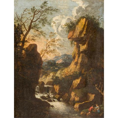 ROSA, Salvator, ATTRIBUIERT/UMKREIS (1615-1673), "Ideallandschaft mit Fluss zwischen Felsen",