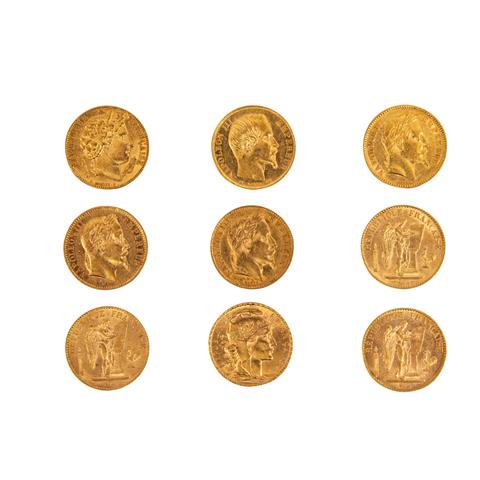 Frankreich - Sammlung von 9 x 20 Francs ex 1851/1912, GOLD,