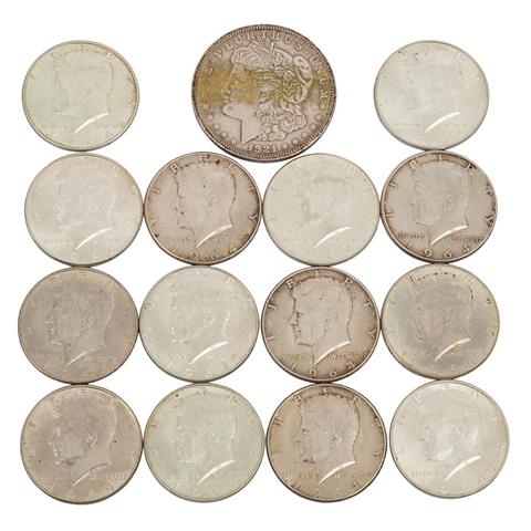 USA, Konvolut: 13 x 1/2 Dollar JFK 1964, 1 x 1/2 Dollar JFK 1967, 1 x Morgan Dollar 1921