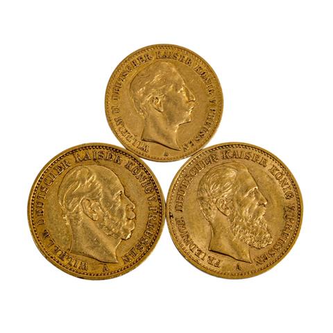 Preussen/GOLD - Konvolut 2 x 20 Mark und 1 x 10 Mark.