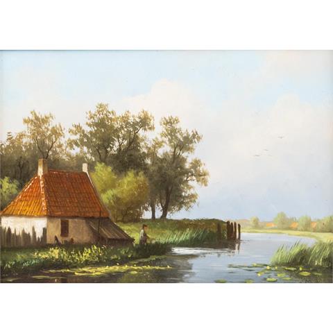 MEILOF, RON (Maler 20. Jh.), "Angler vor dem Haus am Fluss",